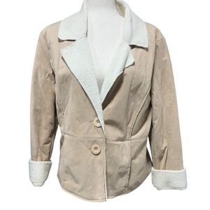Ambition Faux Suede Sherpa Lined Coat Medium Shawl Notch Collar Y2K Tan Retro